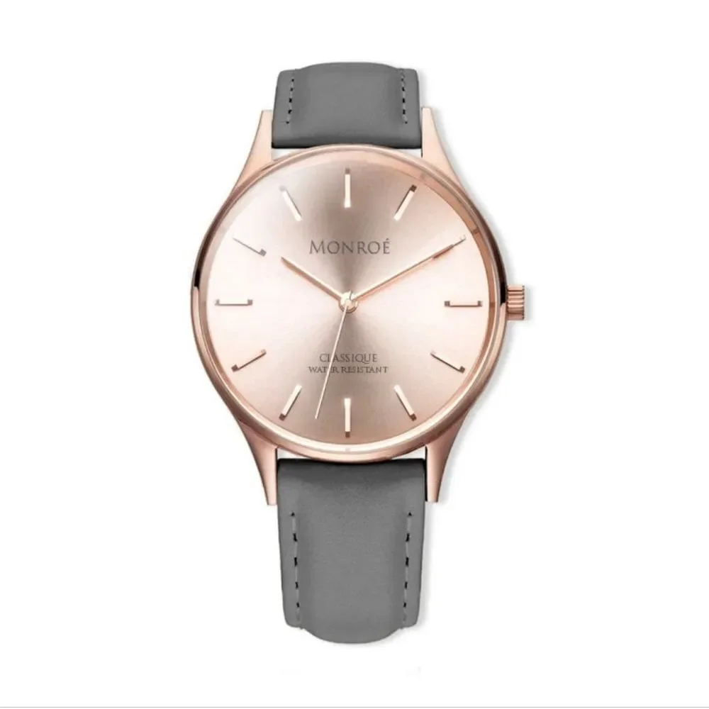 NEW Monroe Classique Rose Gold Solérose Charcoal Leather Ladies‎ Watch