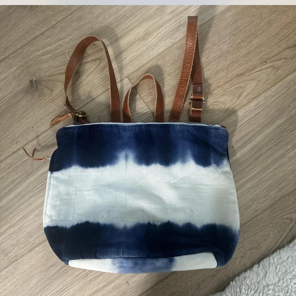 Mercado Global Lorena Nautical Blue and White Backpack with Leather Accents