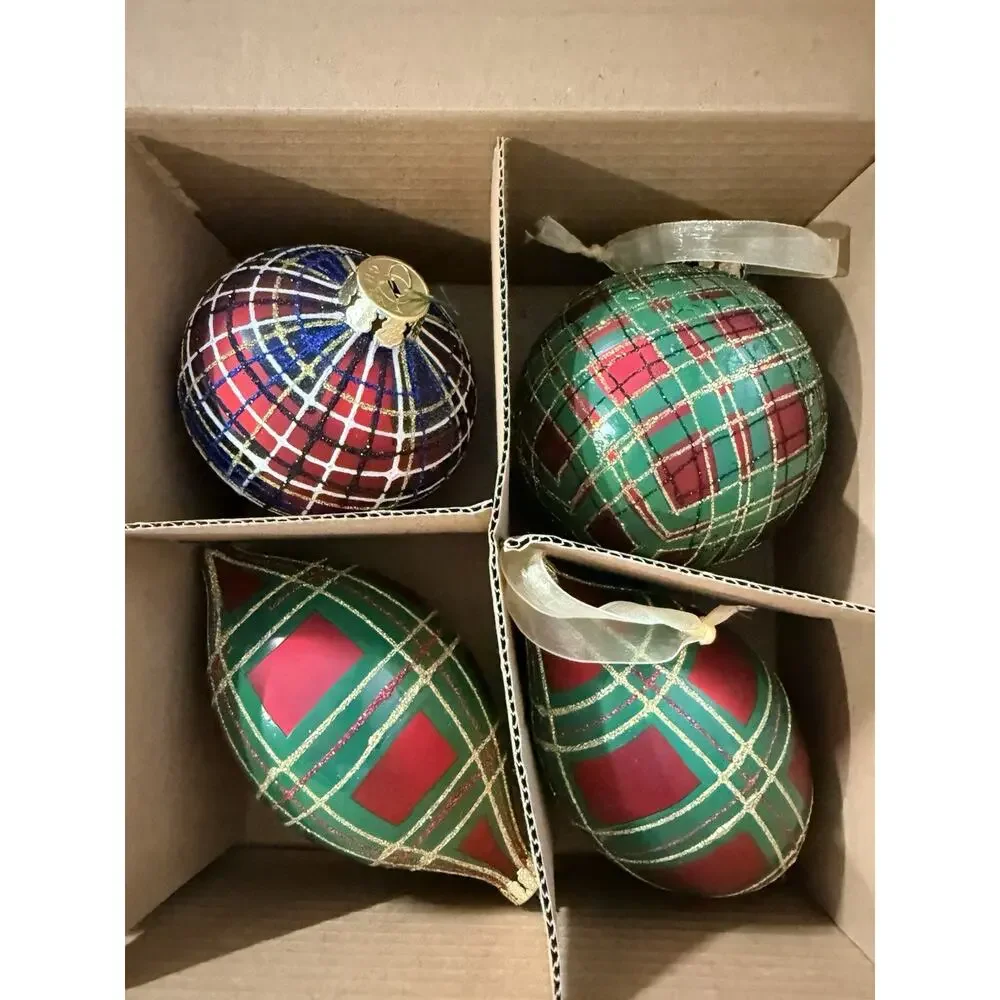 Vintage Jeffrey Banks Home Ornaments Set of 8 Large Plaid Glass Ornaments w/ Box