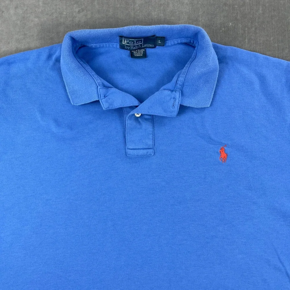 Polo Ralph Lauren Men Large Blue Short Sleeve Polo Shirt Orange Pony Logo