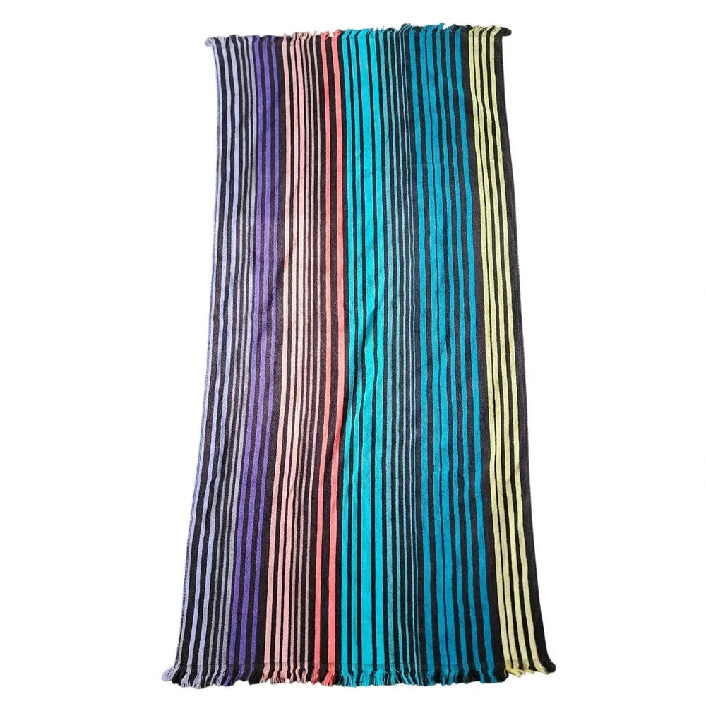 Benetton‎ Vtg MultiColor Striped Cotton Beach Pool Towel Fringed Retro 62x30