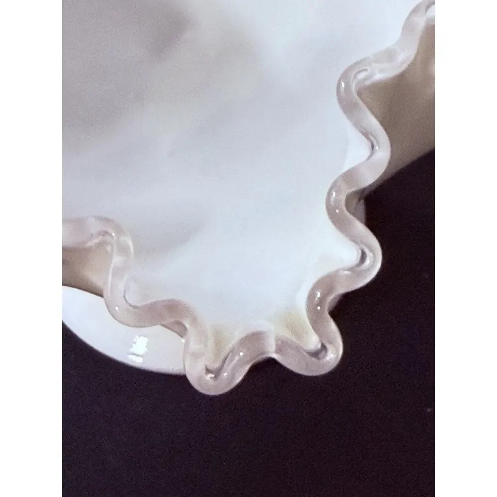 Fenton Silver Crest Milk Glass Pedestal Compote Bowl Ruffled Edge Vintage