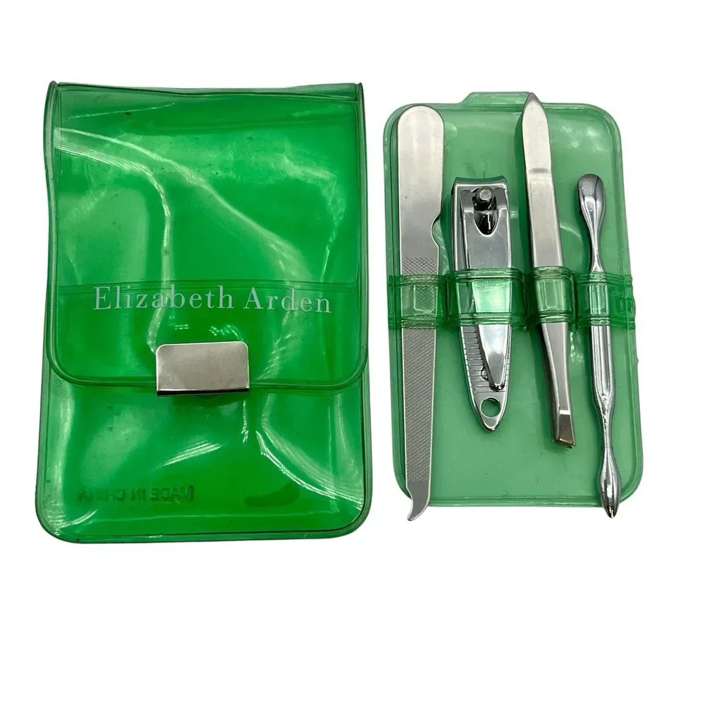 Vintage ELIZABETH ARDEN 4 Pieces Mini Manicure Nail Beauty Tavel Green Vinyl‎