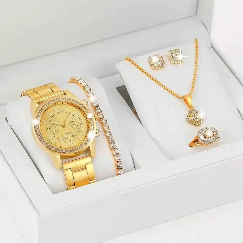 6 Piece Set Women Fashion Roman Dial‎ Stainless Steel Strap Quartz Wrist Watch