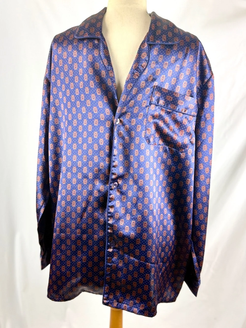 1990s Vintage 1 London Mens Pajama Set XL Navy Blue Satin PJs Long Sleeves Legs
