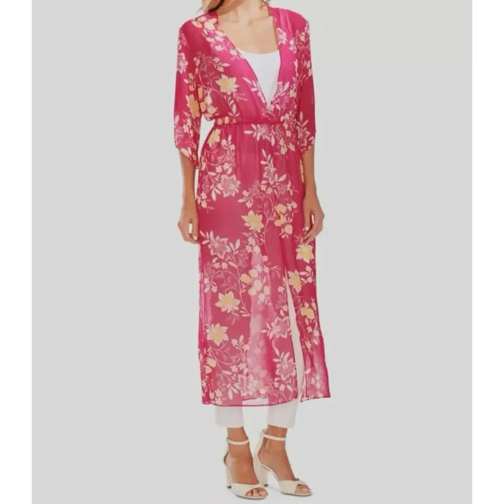 Vince Camuto Women's Pink V-neck Floral Chiffon Cover up‎  Duster Size Med