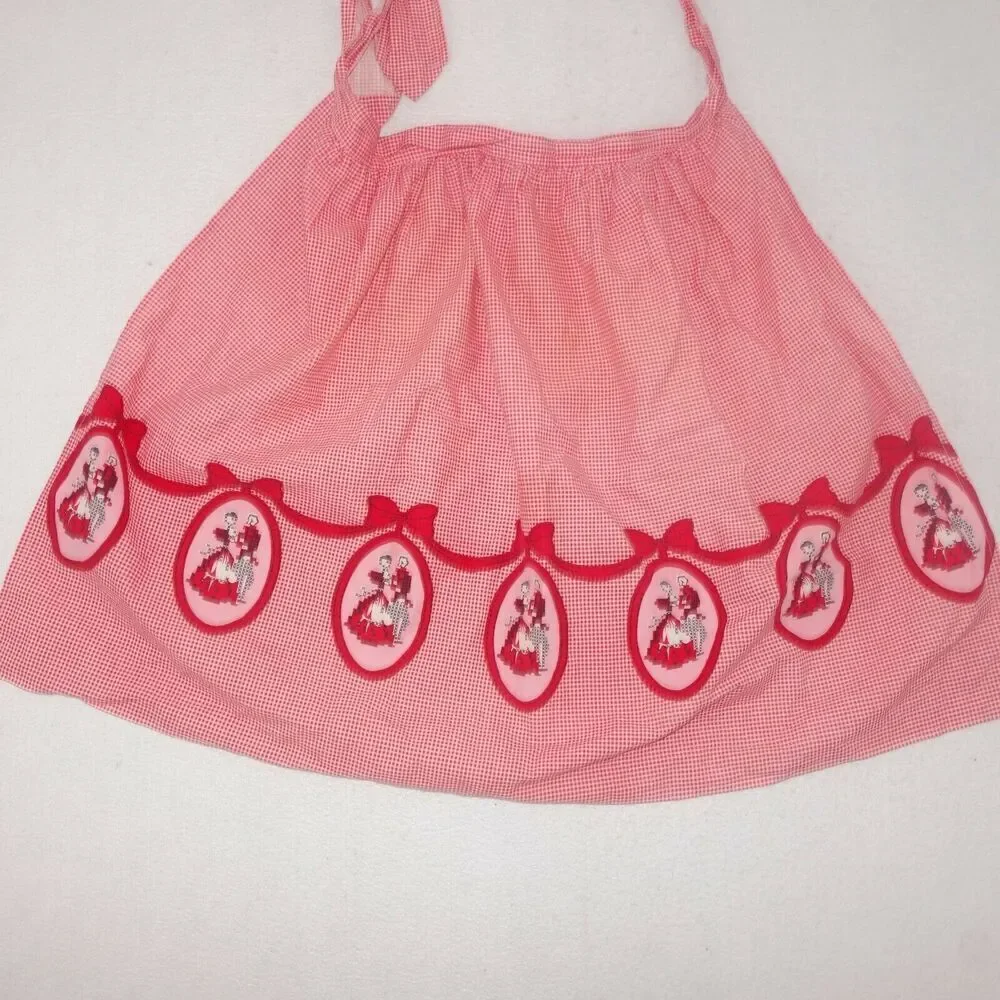 Vintage Embroidered Red White Gingham Half Skirt Apron Plaid