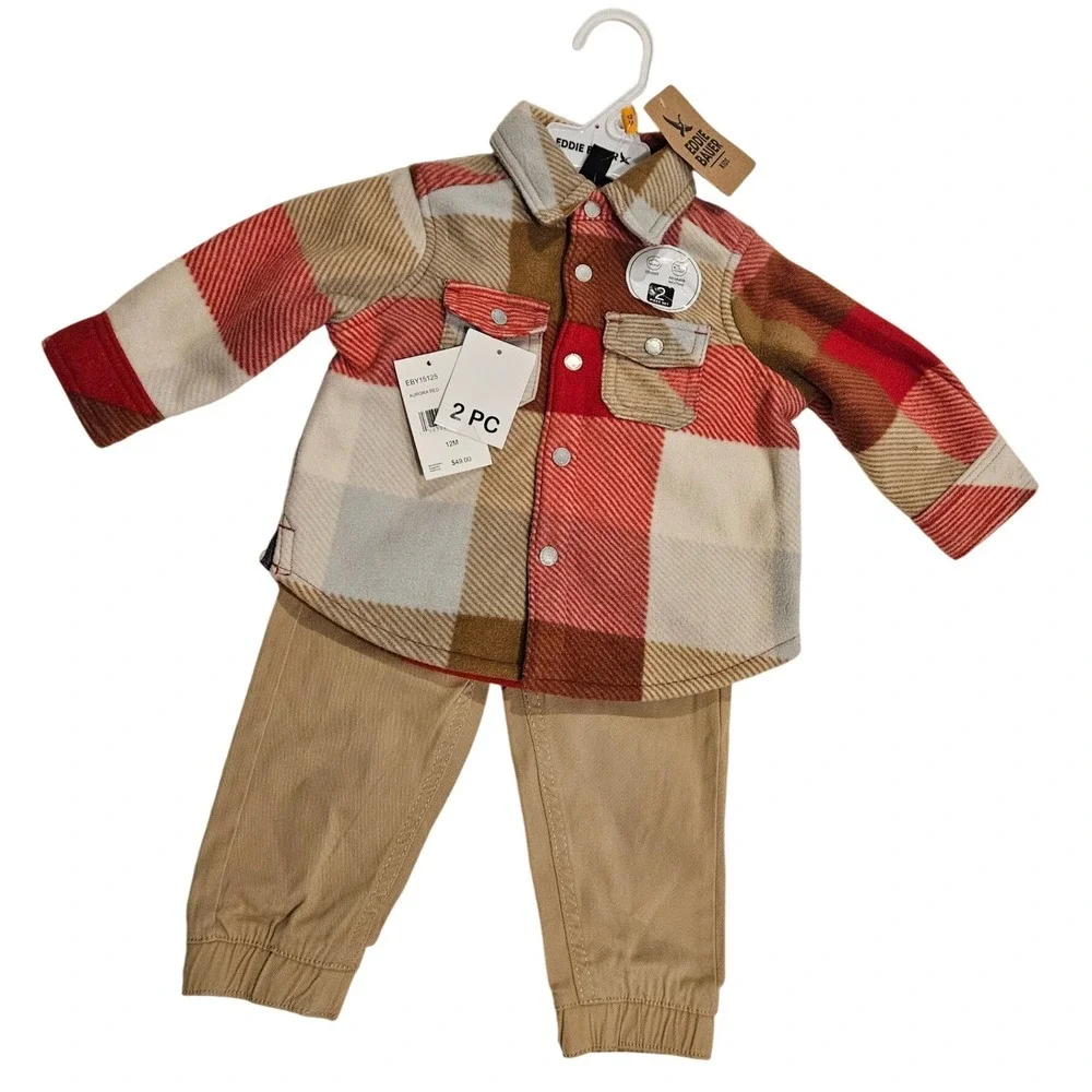 Eddie Bauer Baby‎ Boy 2PC Jogger Set Flannel Shirt and Pants Set Red Plaid 12M