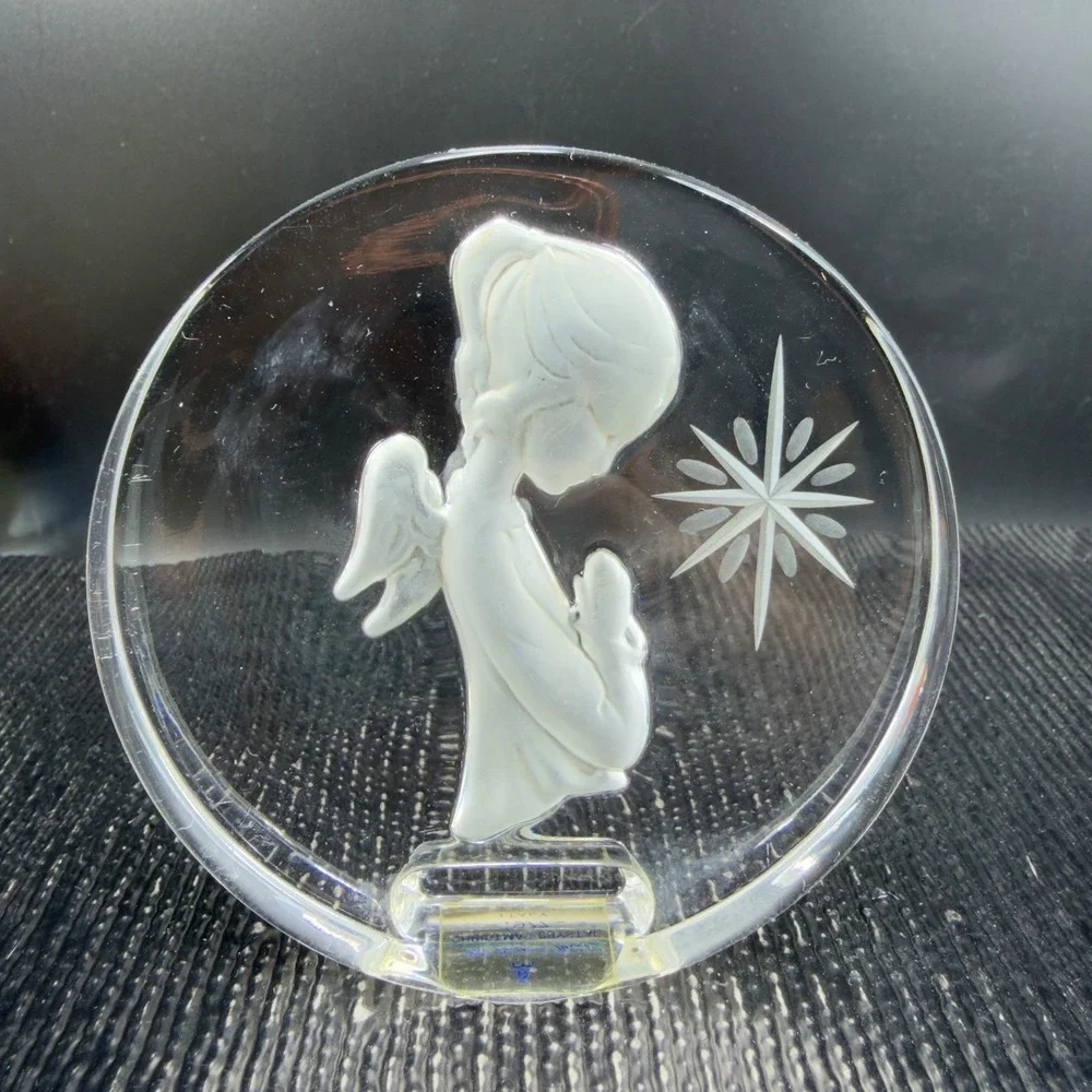 Danbury Mint 1977 Christmas Crystal Praying Angel‎ Star Plaque Italy Clear VTG