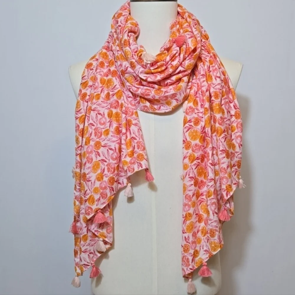 J. Crew Citrus Fruit Print Tassel Wrap Scarf Oranges Grapefruit Summer‎ Spring