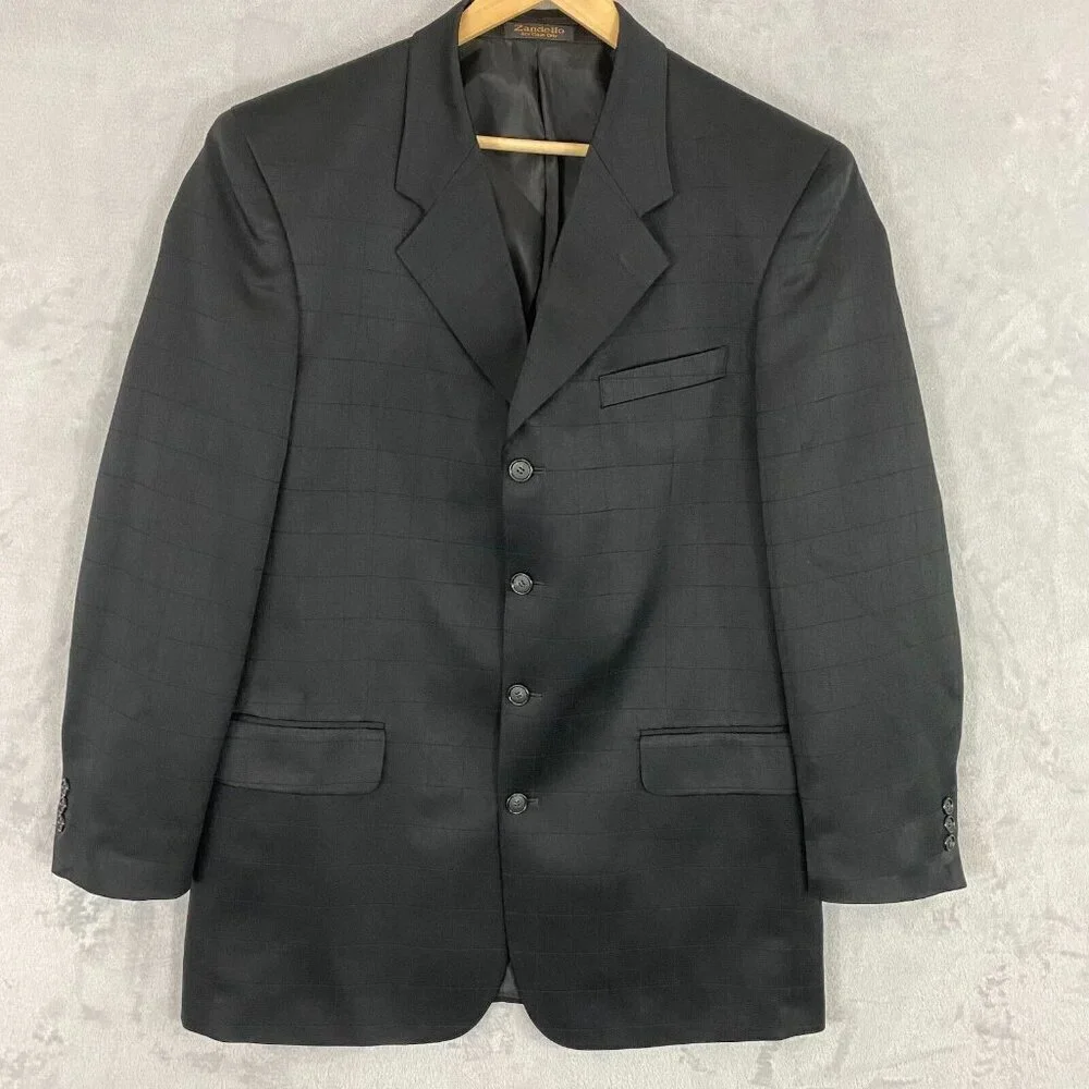 Zandello Blazer Men's Size 42L Black Plaid Suit Jacket‎ Sport Coat Ventless