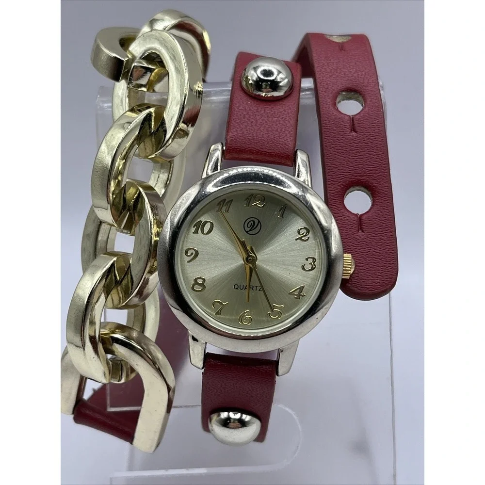 Women's Wrap Quartz Watch Gold Case Red Band- New Battery‎