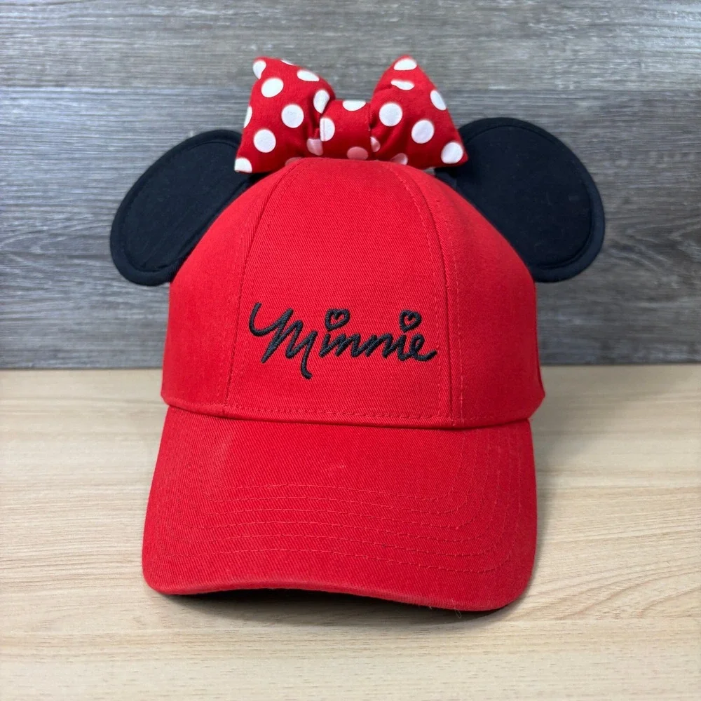 Minnie‎ Mouse Hat Cap Snap Back Womens Red White Bow Ears Polka Dot Disney