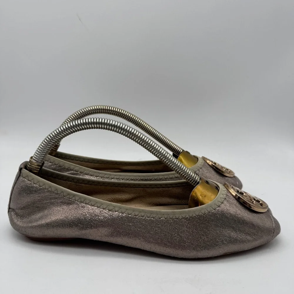 Tory Burch Metallic Pewter‎ Ballet Flats Embellished Logo Women's Shoes