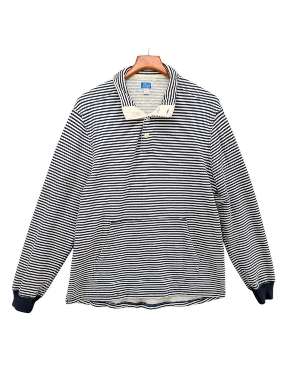 J.CREW French Terry Mockneck Sweatshirt Mens Navy Cream Stripe Button Size L
