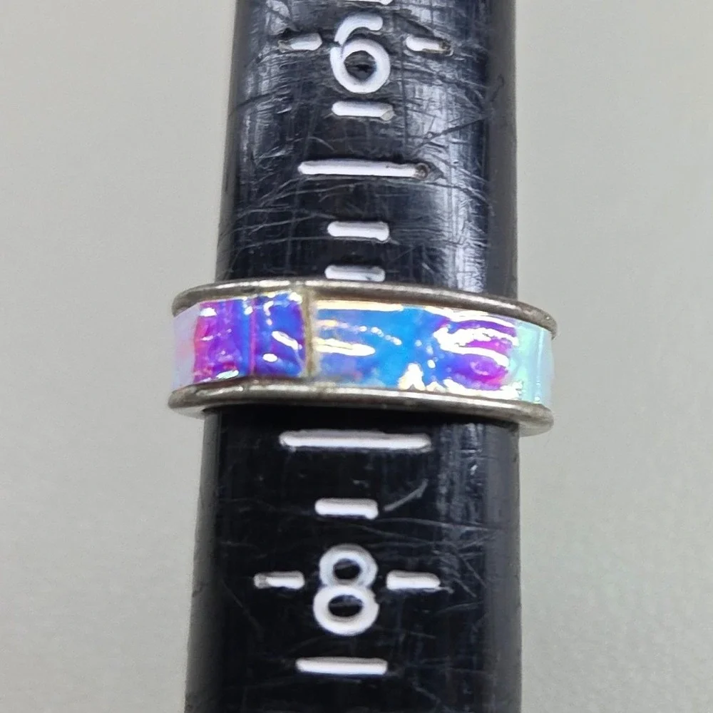 Iridescent‎ Holographic Fabric Inlay Band Ring Silver Tone Size 7 Oil Slick