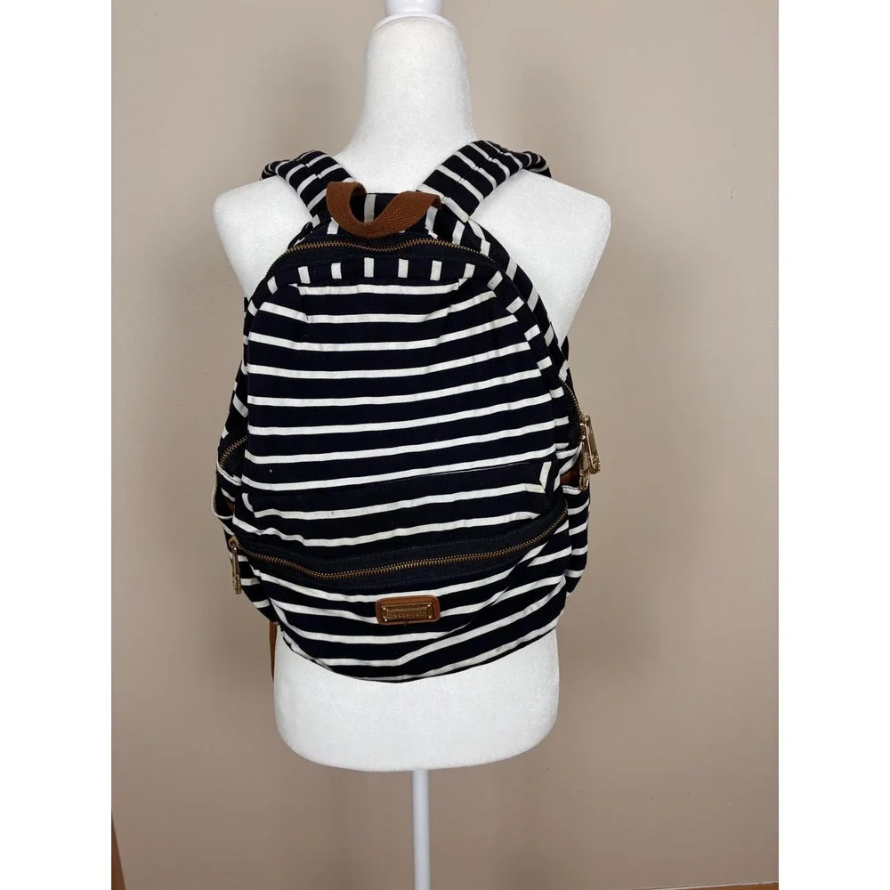 Madden Girl Striped Canvas Backpack Navy White Gold Zip School Travel Bag