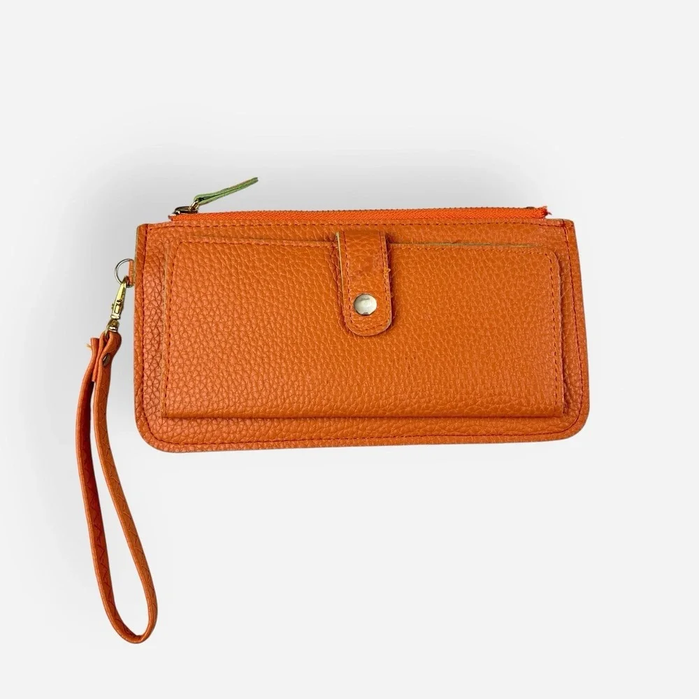 Women's Vegan Leather Wristlet Orange Zip Wallet Cellphone Holder‎ Clutch Bag