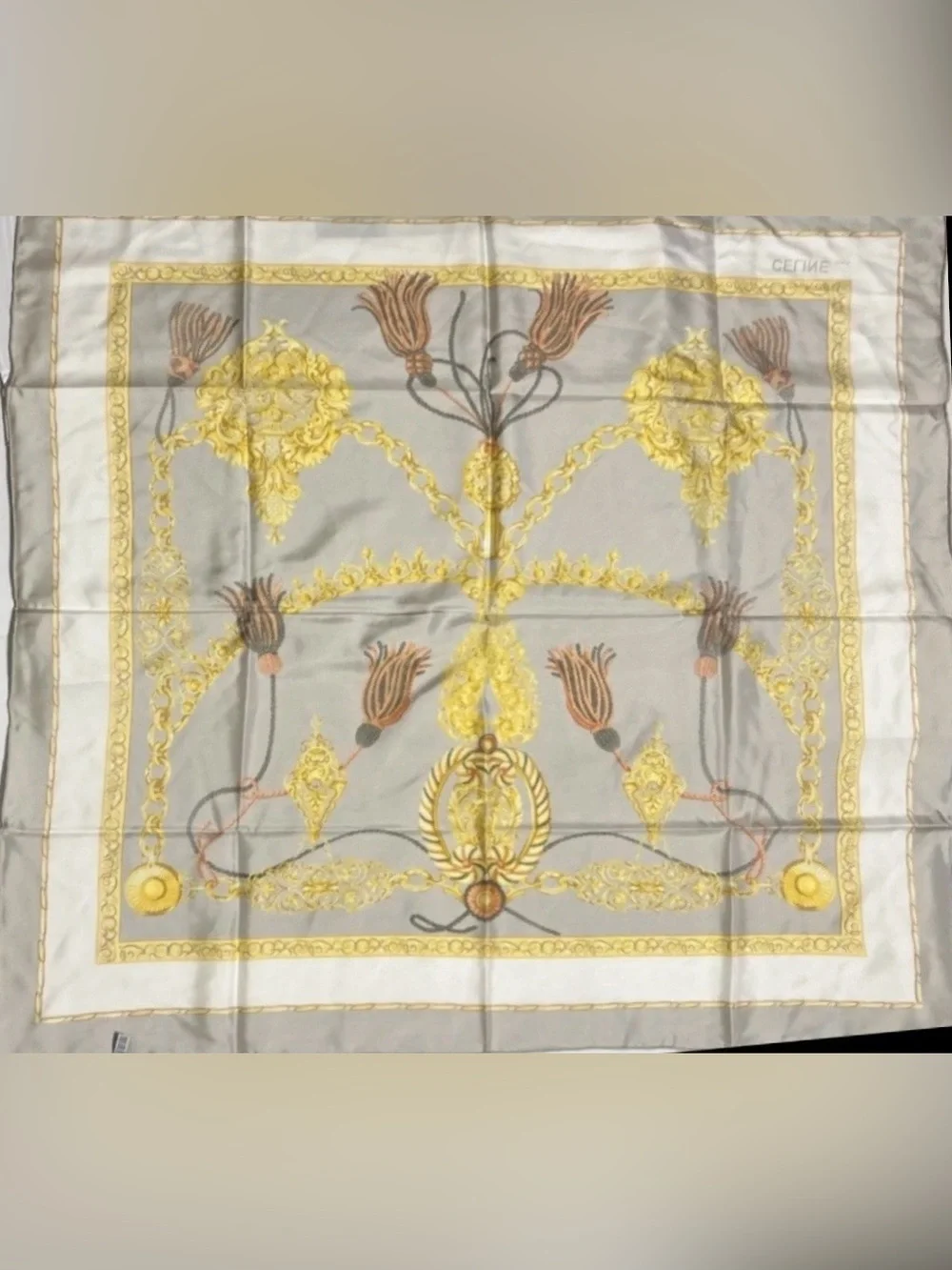 Vintage Celine Paris Silk Scarf Tassel Print Gray Gold Orange Black 34” France