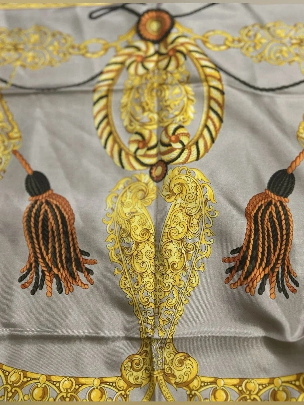 Vintage Celine Paris Silk Scarf Tassel Print Gray Gold Orange Black 34” France