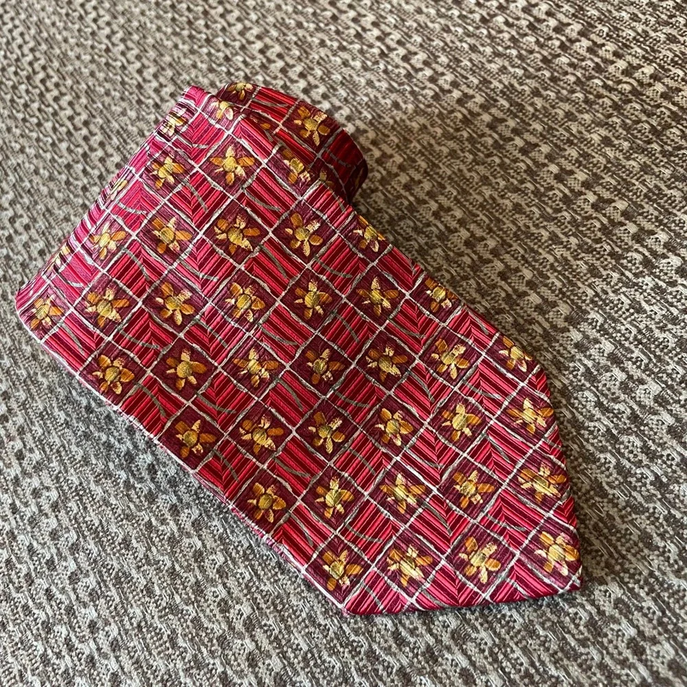 Ermenegildo Zegna Silk Tie Red Gold‎ Floral Plaid Mens Luxury Officewear