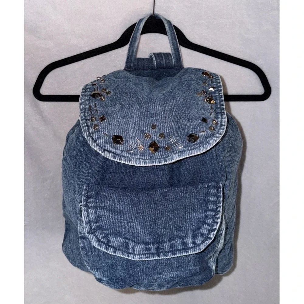 NWT Joe Boxer Denim Backpack Featuring An Embellished Flap W/‎ Beads Accents Y2K