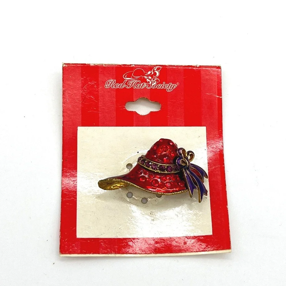 Red Hat Society Brooch‎ Pin Pendant Red Enamel Rhinestone Purple Bow Gerson 2004
