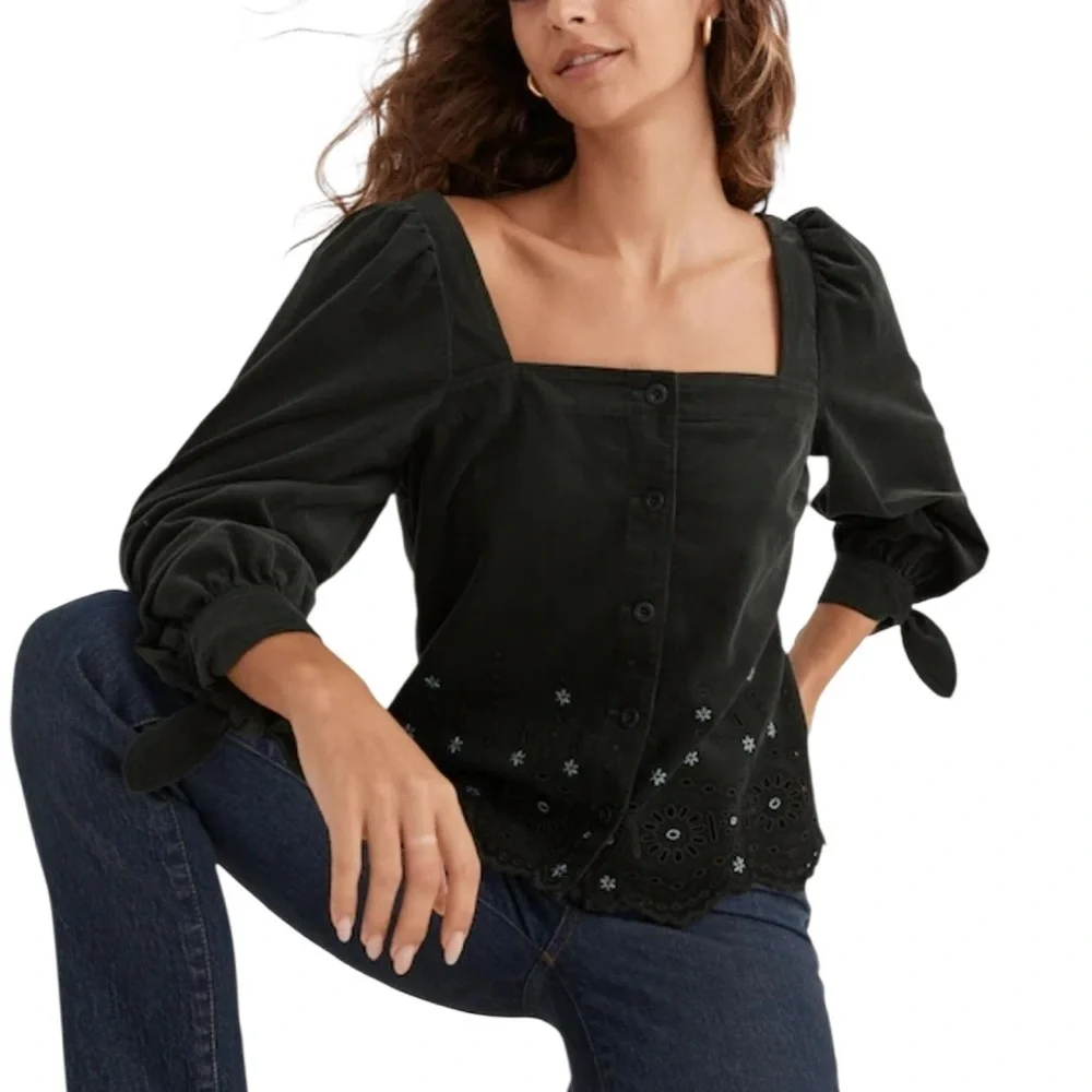 Madewell Embroidered Eyelet Corduroy Tie-Sleeve Top