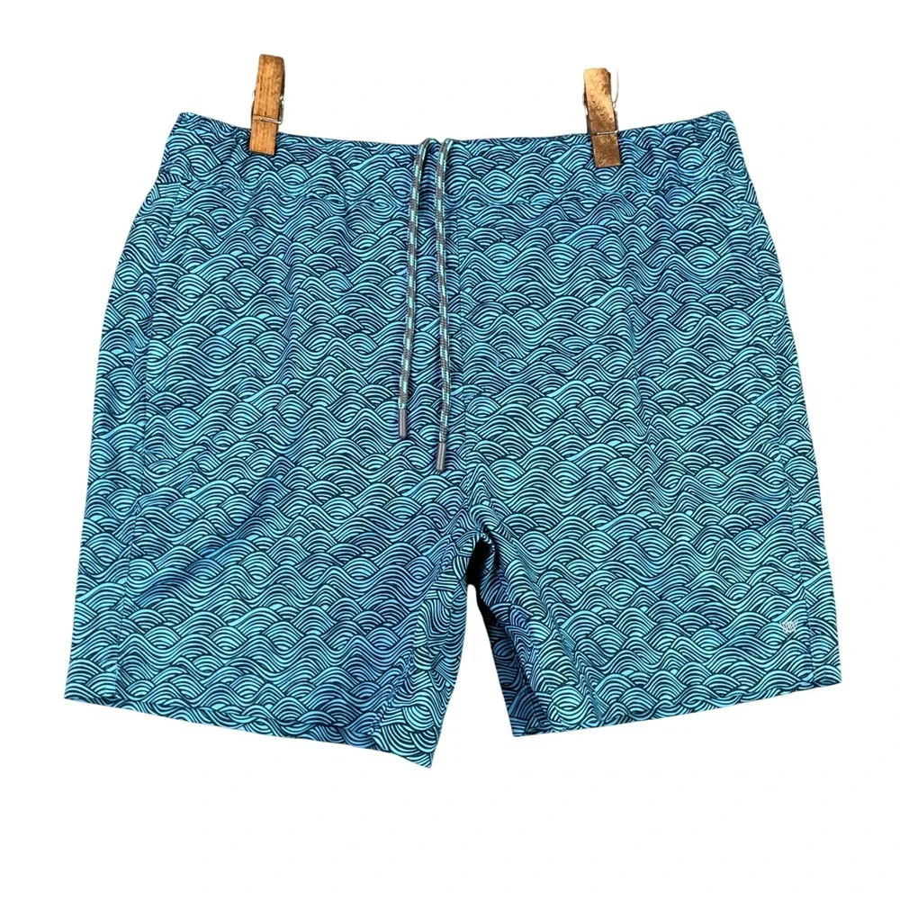 Mack Weldon Swim Trunks Mens Medium Blue Wave Print Board Shorts Lined 6