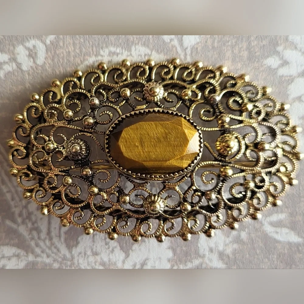 Vintage Danecraft Sterling Filigree Tiger’s Eye Brooch ✨