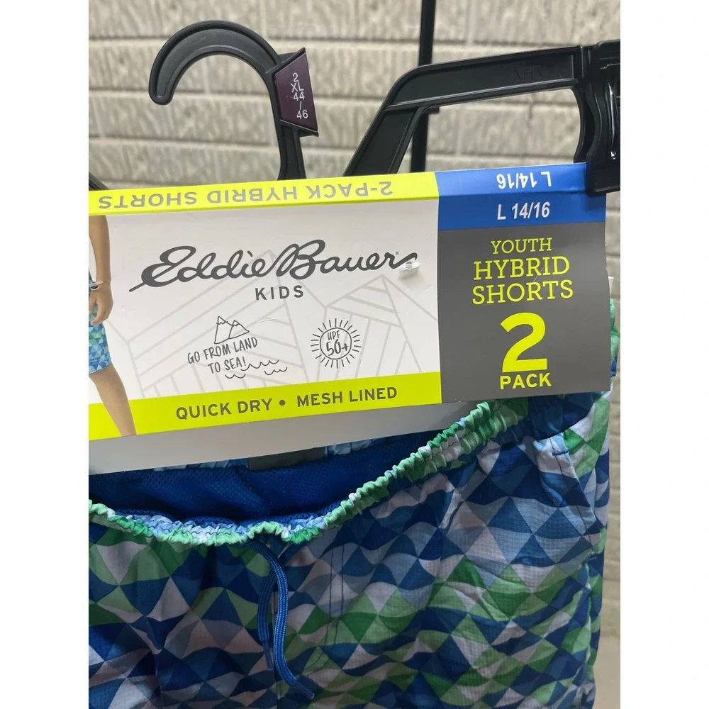 Eddie Bauer Kids 2 Pack Youth Hybrid Shorts Blue Green Geometric L 14/16 NWT