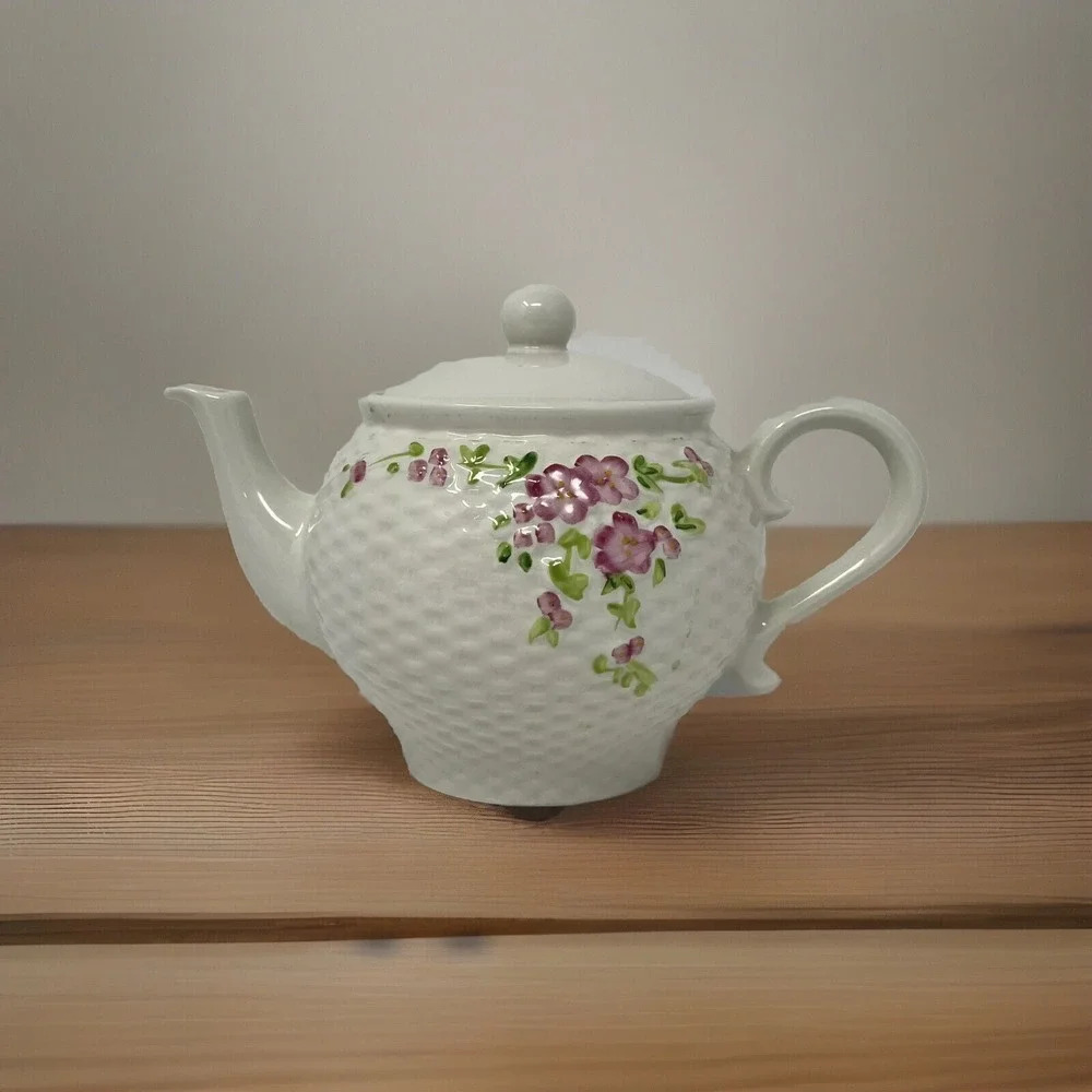 Vintage Teleflora Ceramic Porcelain Teapot 1985 White Lattice Floral Lid Decor