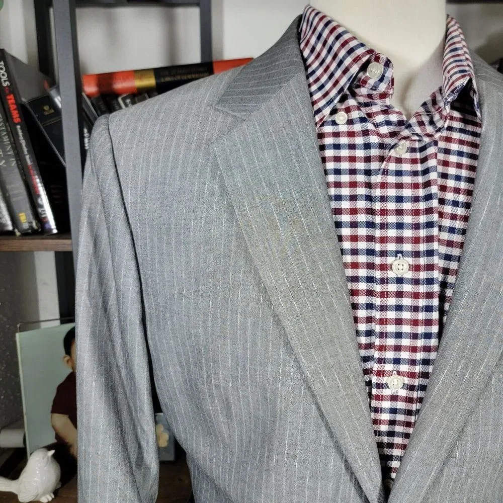 Express Men's Sport Coat Blazer Two Button Gray Striped Polyester Blend Size 42L