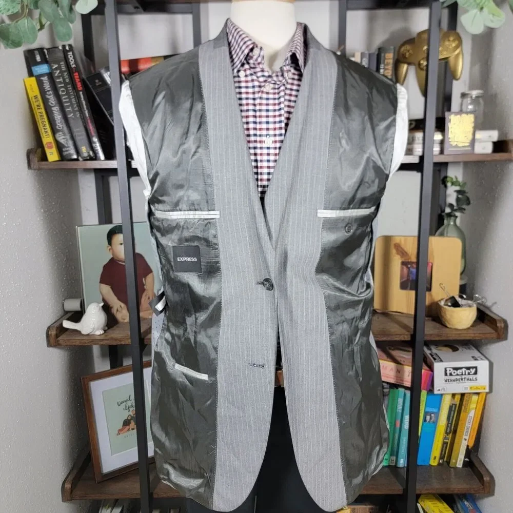 Express Men's Sport Coat Blazer Two Button Gray Striped Polyester Blend Size 42L