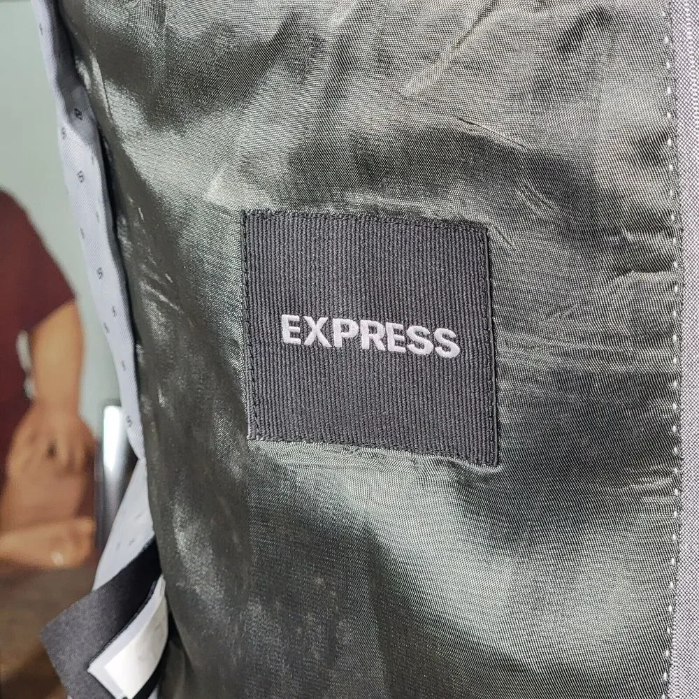 Express Men's Sport Coat Blazer Two Button Gray Striped Polyester Blend Size 42L