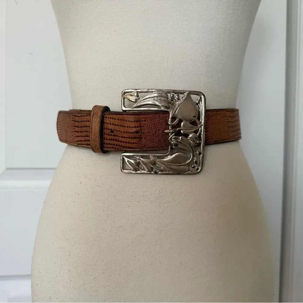 Y2K/90s Geniune Leather Belt with Floral Buckle Cottagecore Bohemian