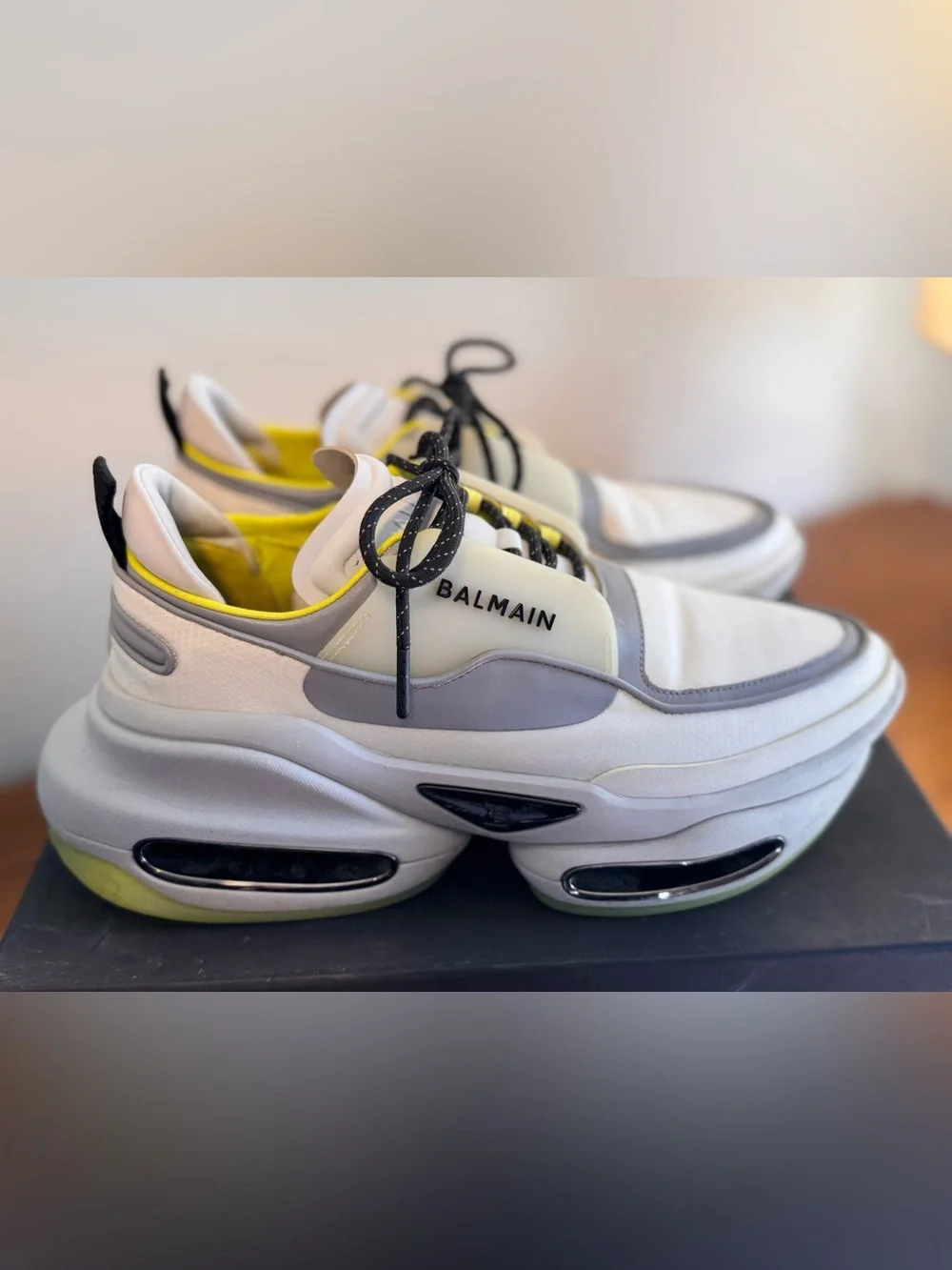 Balmain B-Runner White Grey Neon Yellow Chunky Sneakers Mens US 9 / EU 42