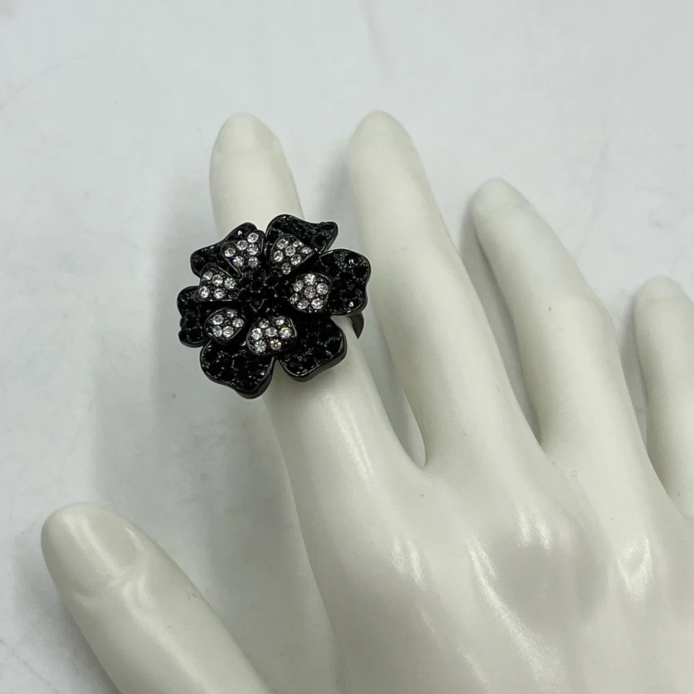 Rare Joan‎ Rivers Gunmetal Finish Belle Fleur Black & Clear Crystal Ring 6 New
