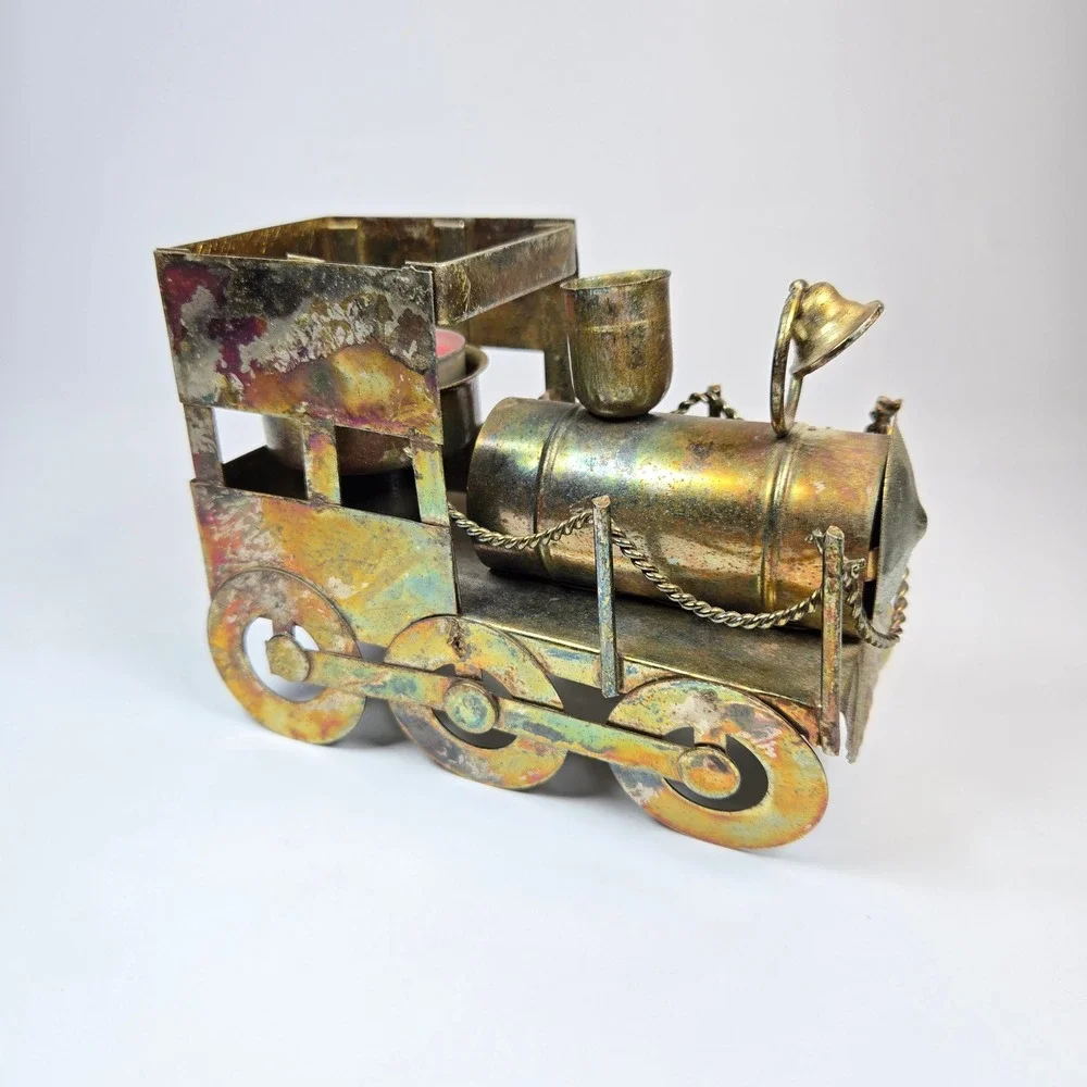 Vintage Metal Tin Train Railroad Engine Candle Holder Patina Copper Brass Tone‎