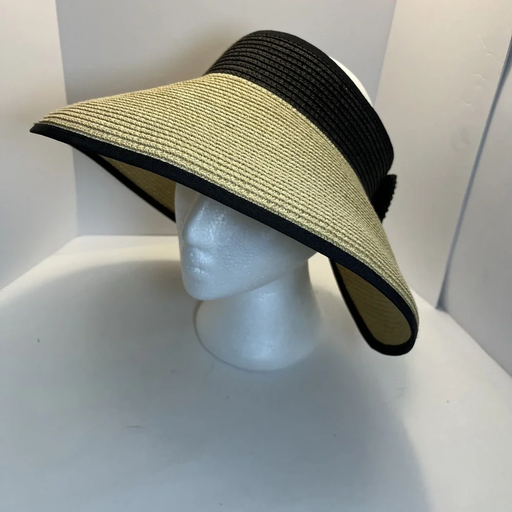 Magid Straw Visor Hat Black Trim Wide Brim Roll-Up Sun Hat w/ Bow‎ 100% Paper
