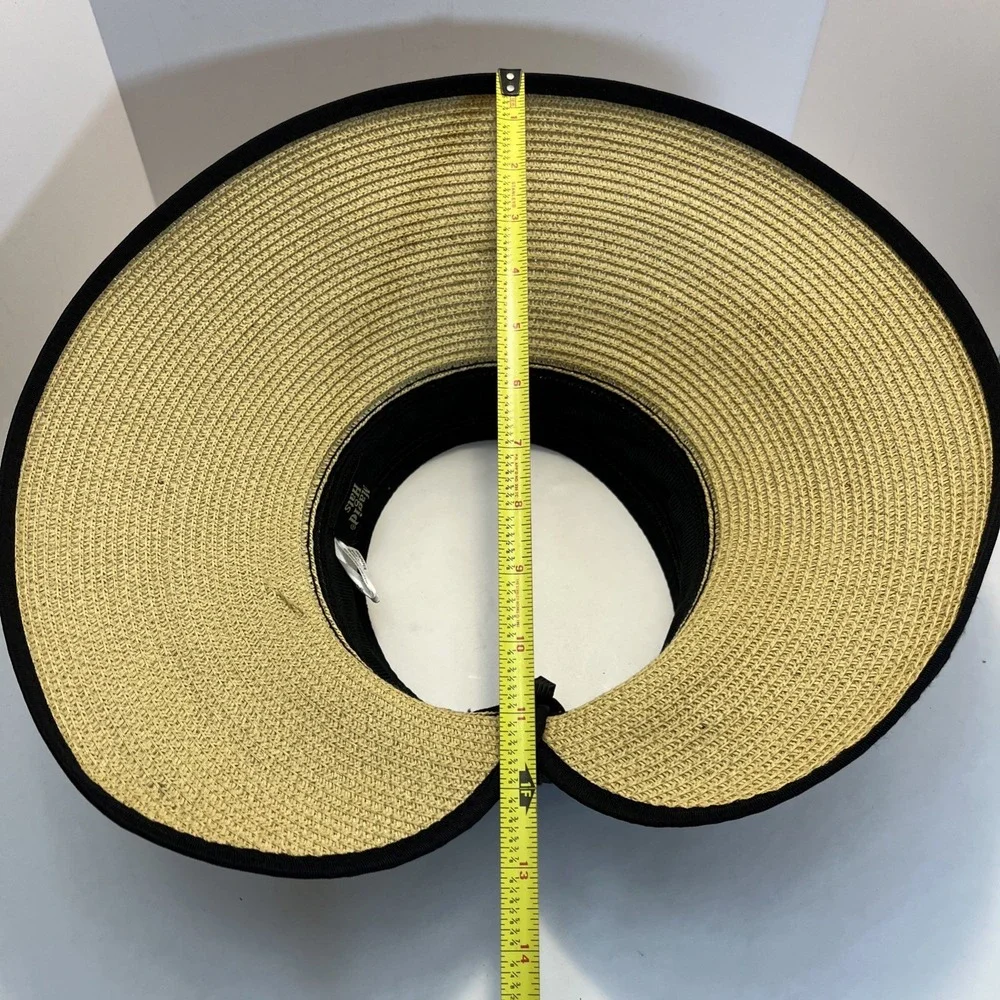 Magid Straw Visor Hat Black Trim Wide Brim Roll-Up Sun Hat w/ Bow‎ 100% Paper