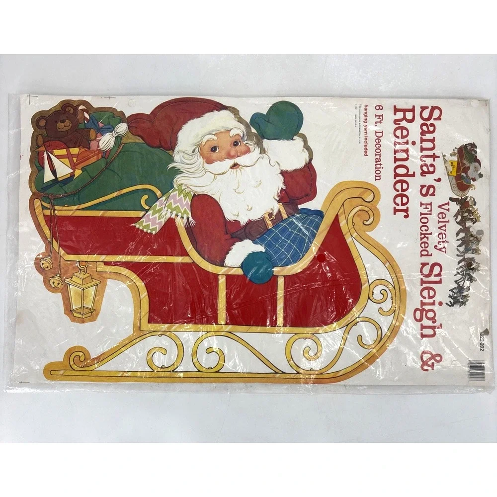Vintage 1980s PECK Santa's Sleigh & Reindeer 6 Foot Velvety Flocked‎ Die Cut NEW