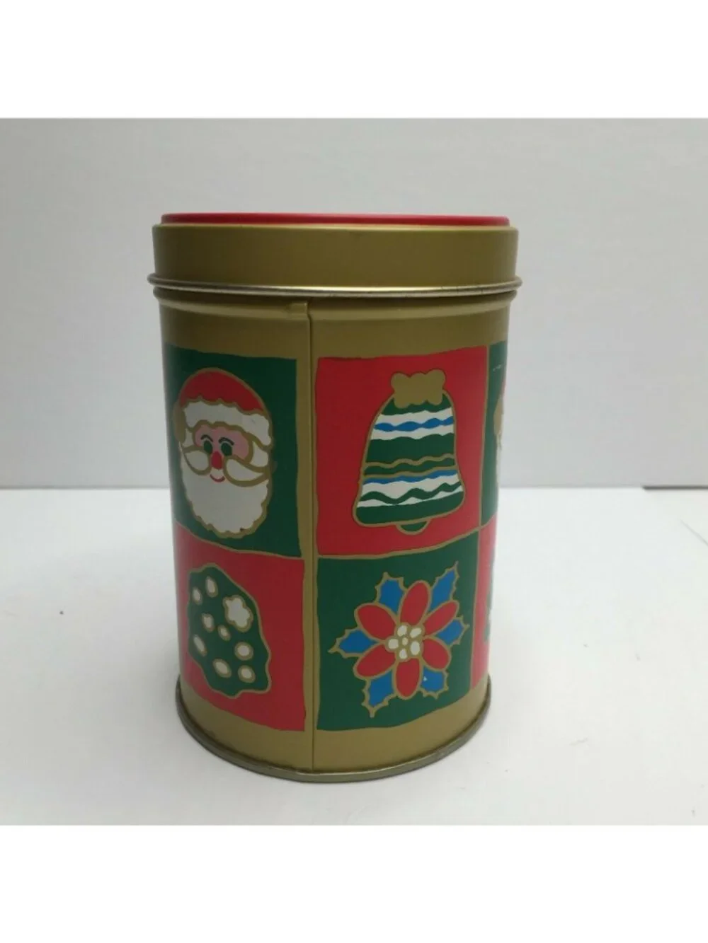 Christmas Holiday Cylinder Cookie Candy Present Tin Gift Giving Santa Bell