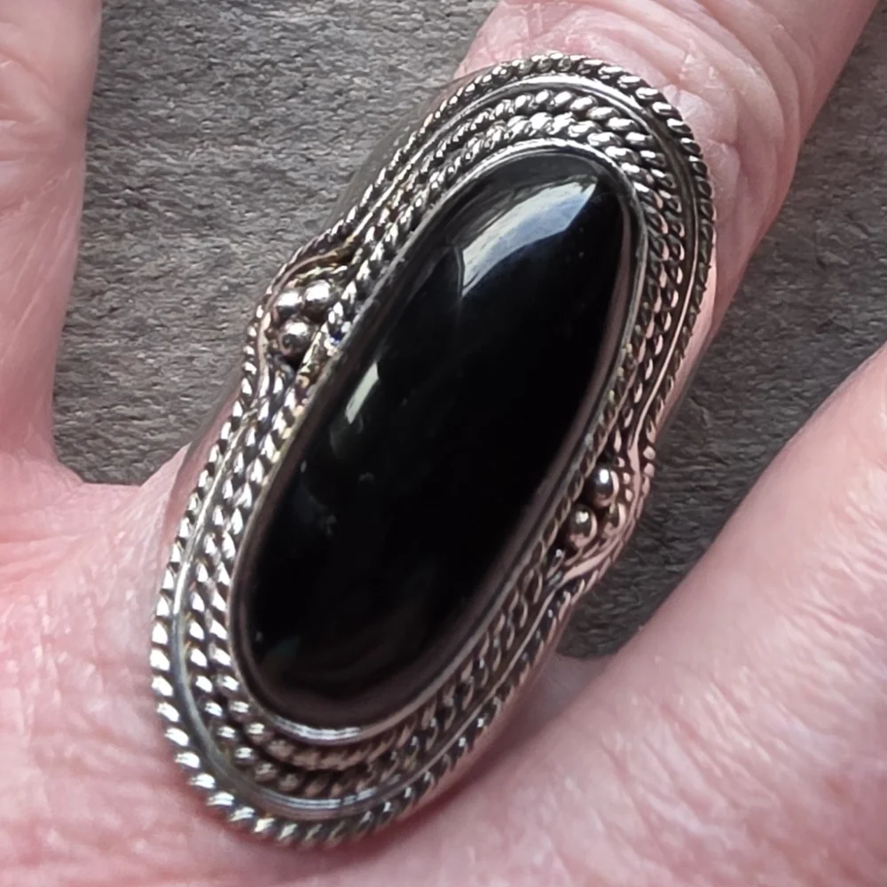 Long Black Onyx Boho Ring in 925 Sterling Silver (snug 9)
