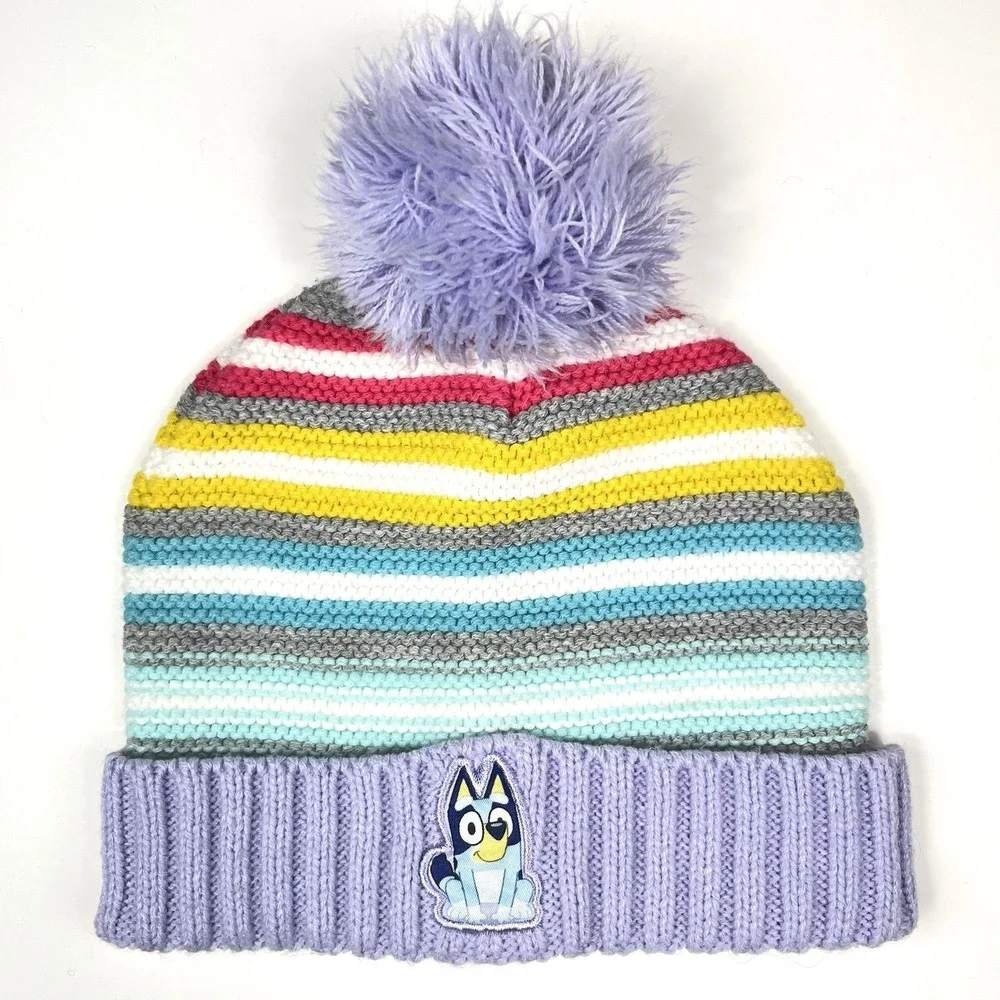 Disney Bluey Beanie Hat Rainbow Stripes Pom Pom Size 2T - 5T Winter‎ Snow Ski