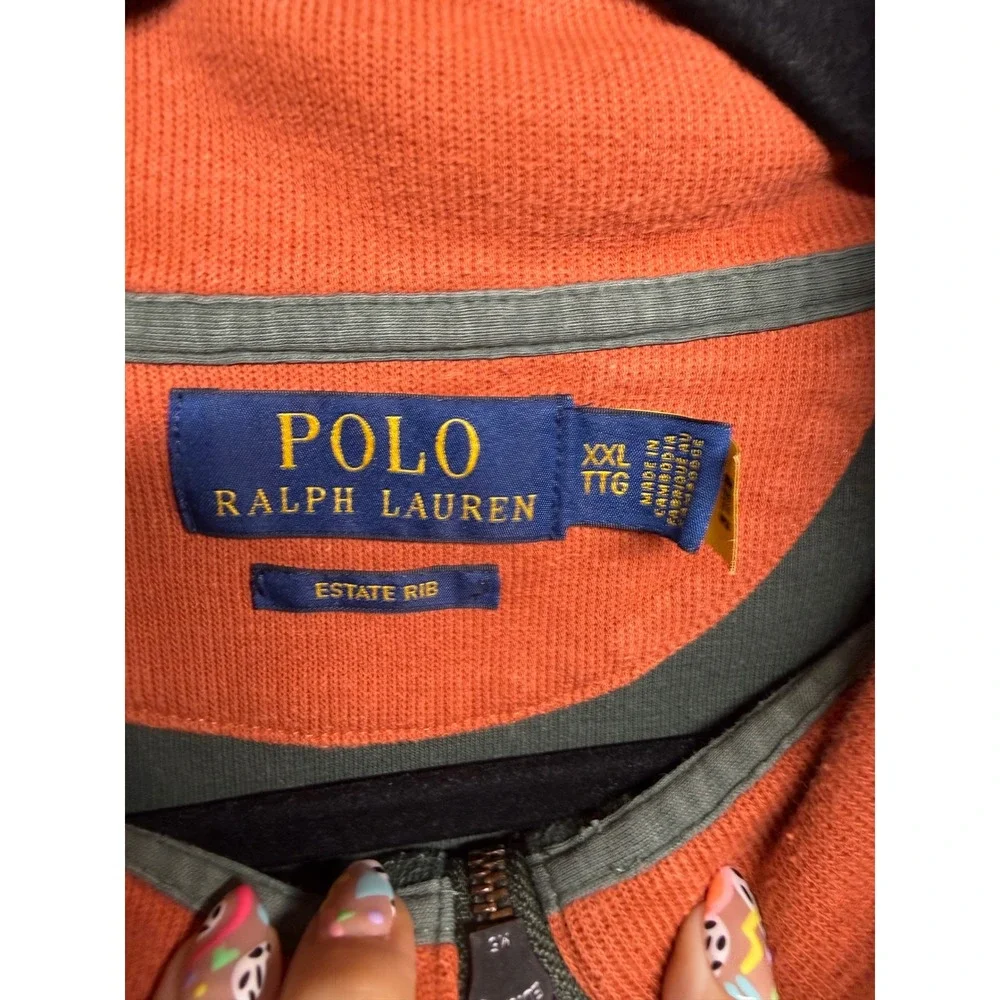 Polo Ralph Lauren Mens XXL Estate Rib Quarter Zip Pullover Sage Green Orange