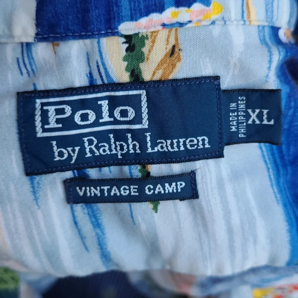 POLO RALPH LAUREN Vintage Camp Blue‎ Aloha Beach XL Short Sleeve Hawaiian Shirt