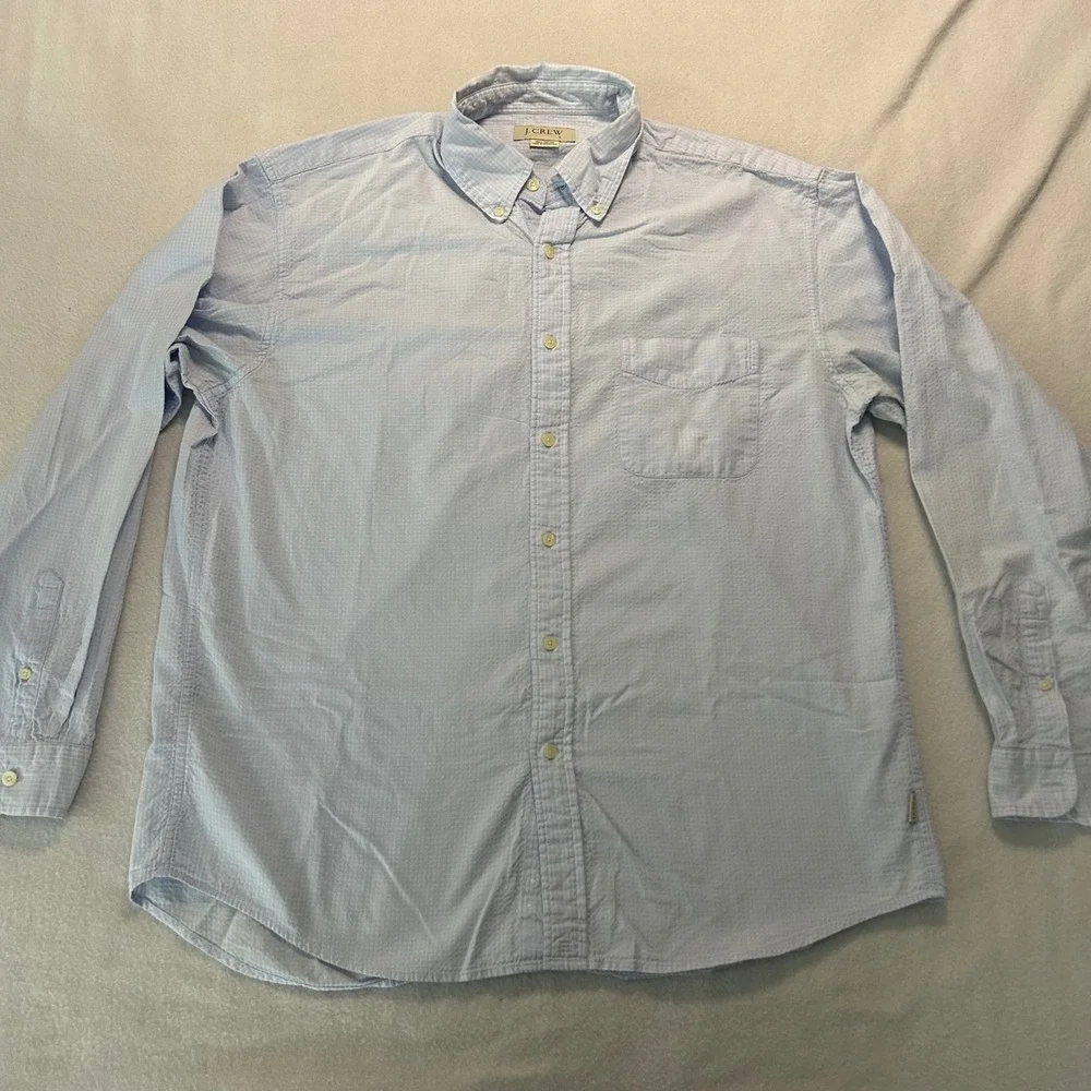 J. Crew Mens Large Blue White Seersucker Check Button Down Shirt Long Sleeve L
