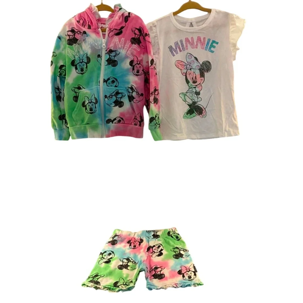 Disney Minnie Mouse 3pc Outfit Set Girls 4T Pink Green Tie Dye Excellent Hoodie
