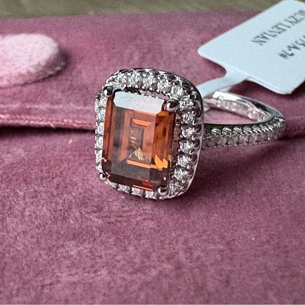 SUZY LEVIAN Sterling Silver Ascher Cut Brown CZ Ring Size 7